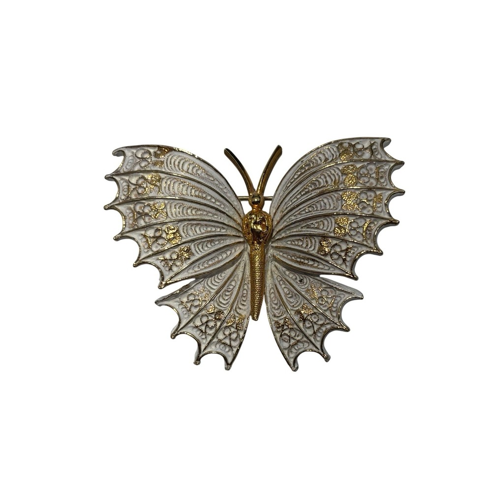 Vintage Coro Gold Tone White Enamel Filigree Accent Butterfly Insect Brooch Pin